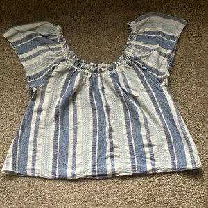 Faherty Blue and White Ruffled Cap Sleeve Blouse